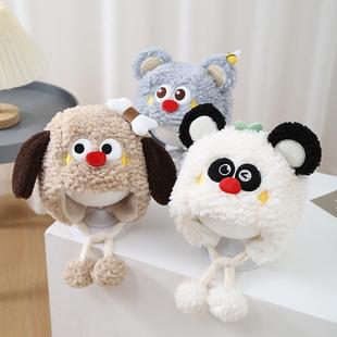 宝宝帽子可爱熊猫保暖加厚毛绒系带帽男童女童秋冬款婴儿护耳帽潮