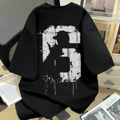 男女童美式复古痞帅风黑色短袖T恤中大儿童夏季宽松纯棉半袖上衣