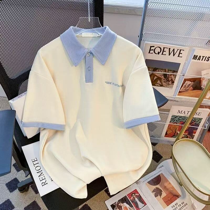 女童蓝色字母印花POLO领短袖T恤中大童韩范学院风撞色宽松上衣夏图片
