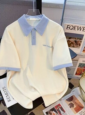 女童蓝色字母印花POLO领短袖T恤中大童韩范学院风撞色宽松上衣夏