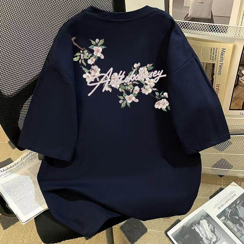 中大童美式花卉防刺绣印花连短袖T恤男女童夏季黑色高街纯棉上衣图片