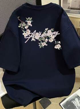 中大童美式花卉防刺绣印花连短袖T恤男女童夏季黑色高街纯棉上衣