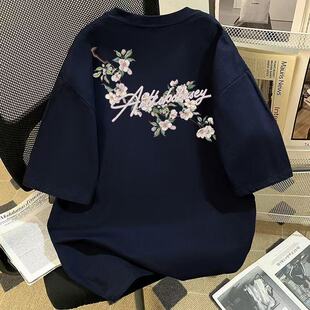 中大童美式花卉防刺绣印花连短袖T恤男女童夏季黑色高街纯棉上衣