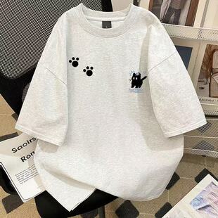 女童韩范休闲慵懒风白灰色纯棉T恤夏季中大儿童卡通印花半袖上衣