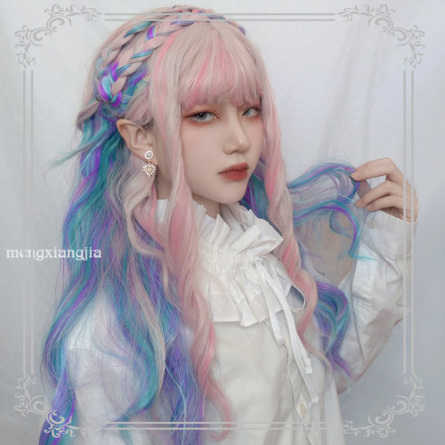 萌香家少女馆温兰lolita独角兽彩虹混色玛丽苏梦幻粉色泡面卷假发