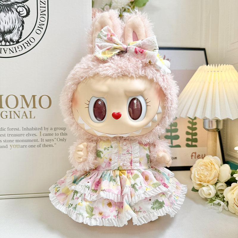 38cm拉布布毛绒娃娃连衣裙labubu公仔衣服MOKOKO甜心粉蓝花边裙