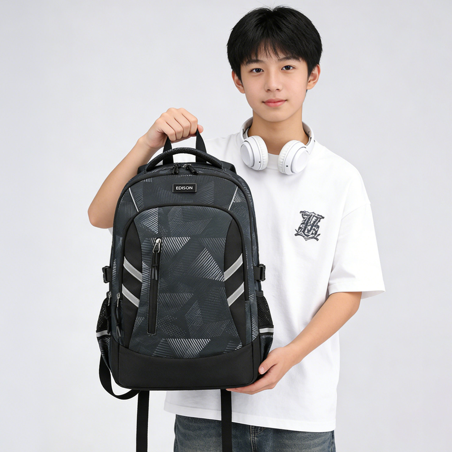 Edison爱迪生中学生书包大容量反光双肩包护脊防下坠高中生背包