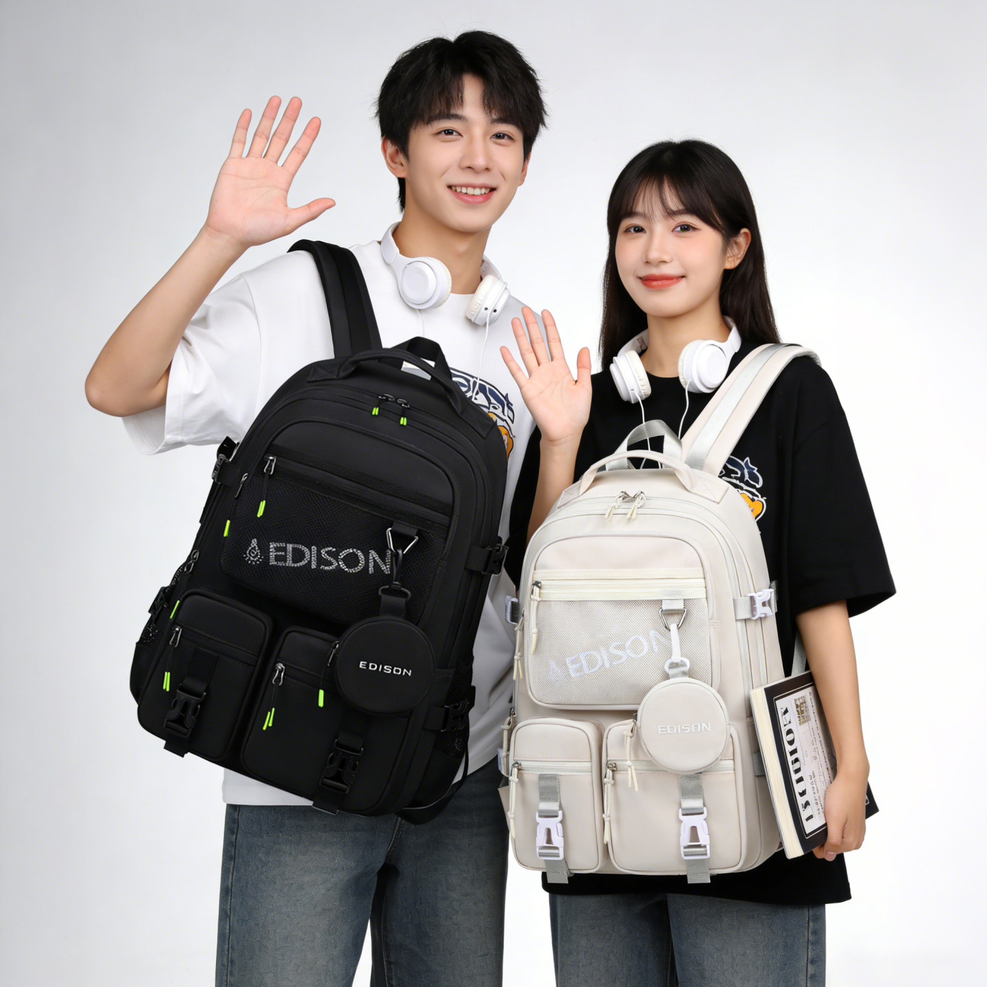 爱迪生高中生书包时尚潮流大容量初中大学生防泼水双肩包旅行背包