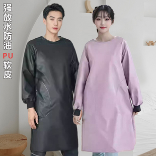 PU皮软皮革强防水防油污罩衣 长袖男女成人围裙反穿衣工作服罩衫