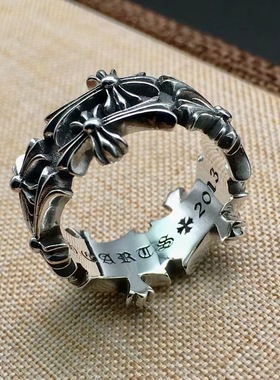 潮尅罗伈潮双层十字架花戒指复古ins男女foreven情侣对戒百搭款式