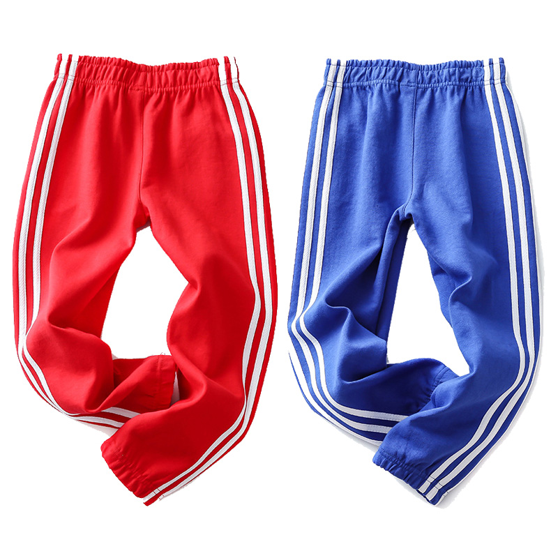 儿童蓝色运动裤男童红色校服裤子女童长裤春秋三道杠纯棉小学宽松