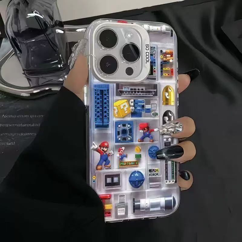 马里奥积木苹果15手机壳iPhone14promax高级感彩银13/12防摔壳11