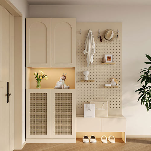中式藤编覆风古隔断门口玄关门厅柜鞋柜一体家用洞洞板客厅储物柜