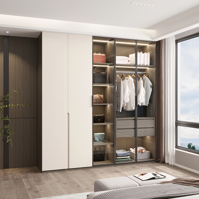 实木衣柜家用卧室大容量收纳推拉玻璃门大衣橱现代简约开放式定制