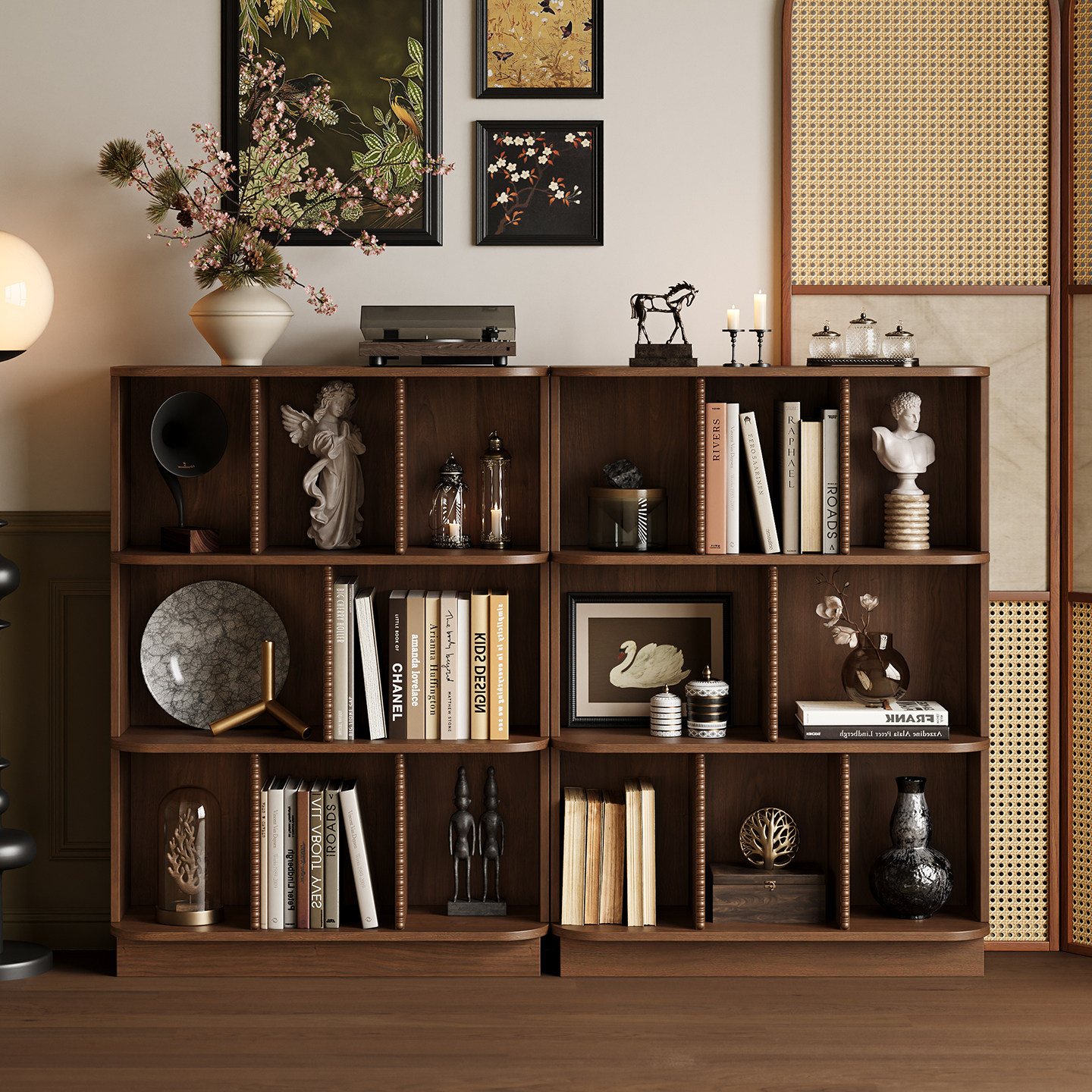 中古风实木客厅书柜家用美式定制沙发边柜复古风置物展示柜书架