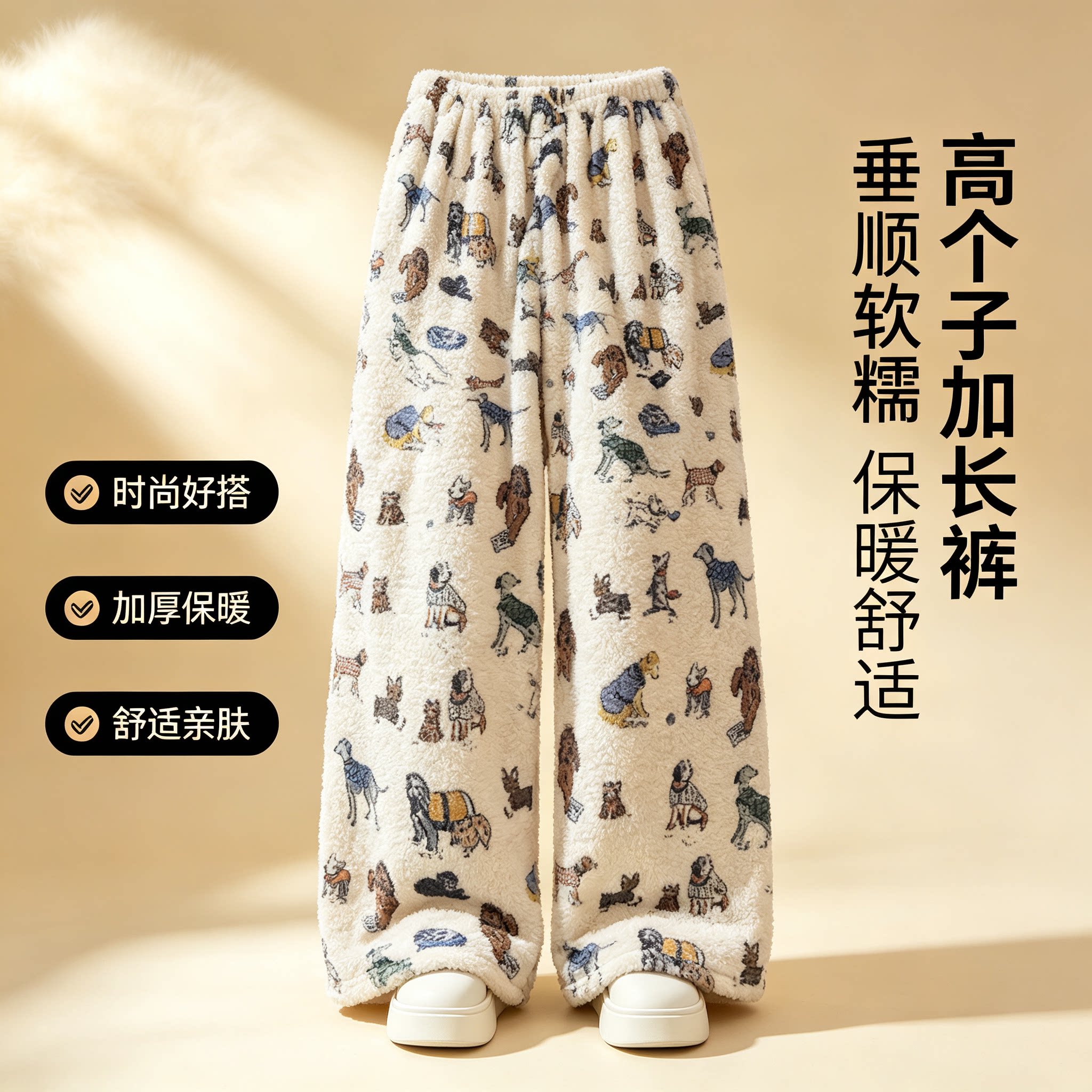 高个子加长版睡裤女冬腊肠狗条纹珊瑚绒居家裤宽松阔腿保暖可外穿图片
