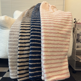 冬天条纹珊瑚绒长睡裤女高个子加长版加厚保暖宽松可外穿居家裤子