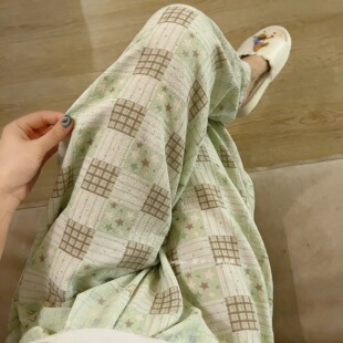 宽松舒适学生党可外穿家居裤 女夏季 子 绿色格子长睡裤 高个子加长版