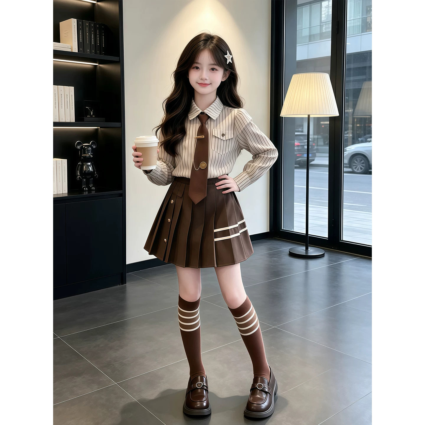 女童春秋季JK学院风百褶裙两件套图片