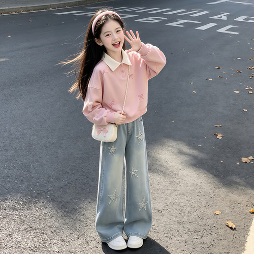 女童学院风春秋卫衣牛仔阔腿套装