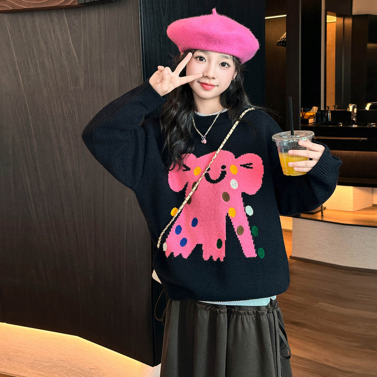 女童毛衣针织衫秋冬款中大童卡通毛线衣2025新款韩版套装半身裙潮