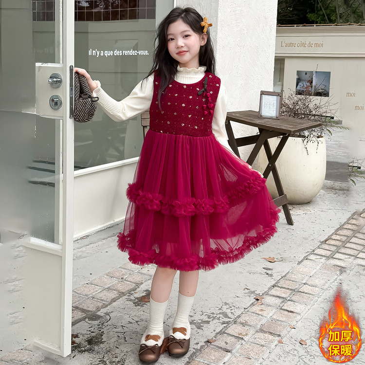女童冬季连衣裙无袖加厚亮片红色年服公主纱裙2025新款中大童套装