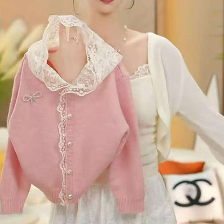 女童毛衣针织开衫外套秋冬款花边蕾丝2025新款韩版中大童洋气线衣