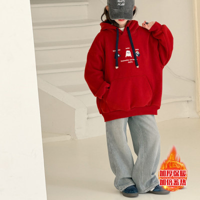 女童加绒加厚卫衣连帽冬款中大童