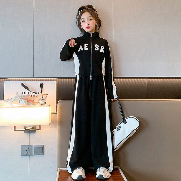 女童套装卫衣短款外套春秋款两件套2025新款韩版阔腿裤大童洋气潮