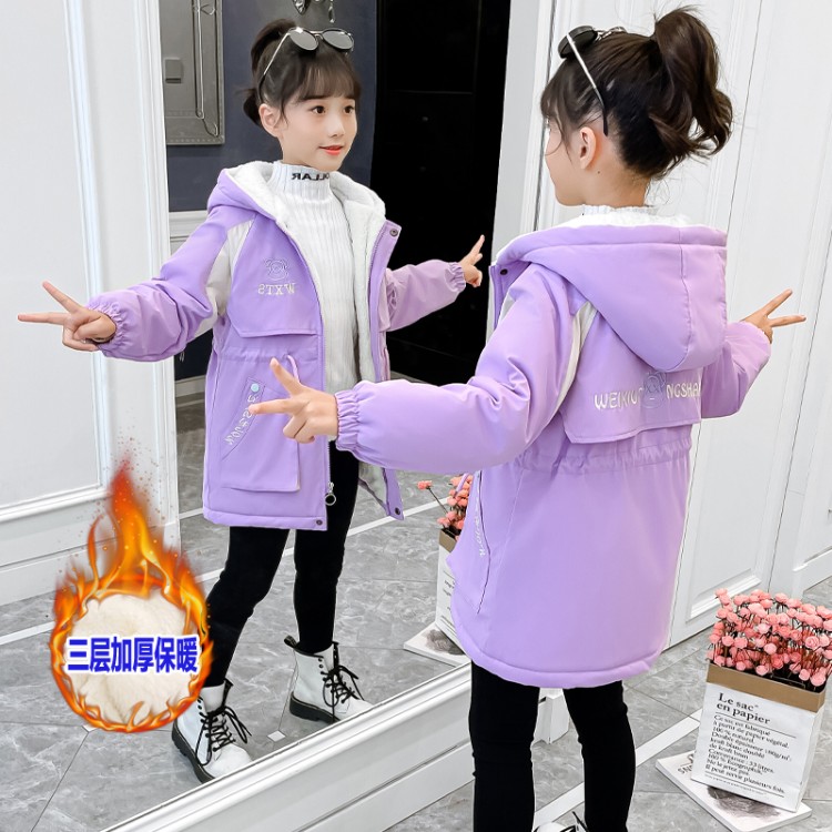 加绒秋冬装连帽夹棉女童派克服