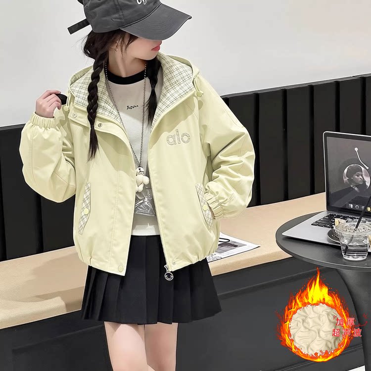 女童夹棉加厚连帽格子拼接外套中大童休闲冬装冲锋衣女孩薄款棉服