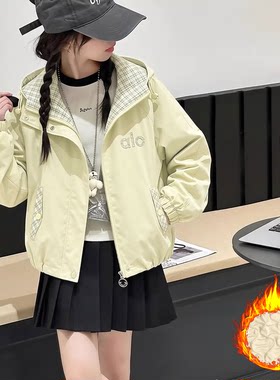 女童夹棉加厚连帽格子秋冬装外套