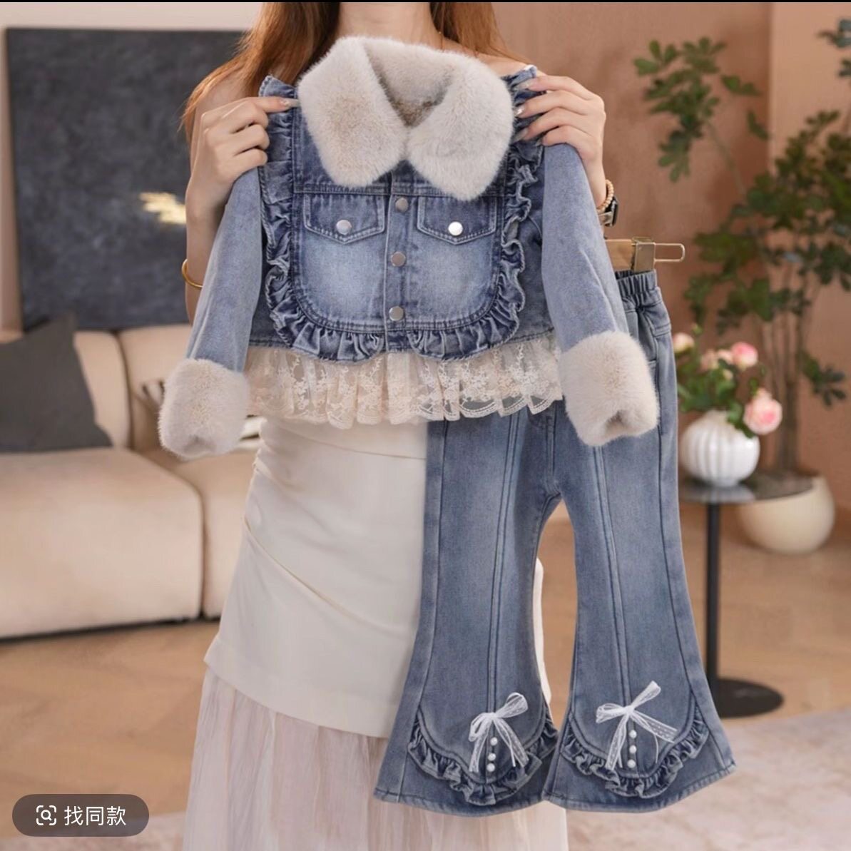 女童加绒牛仔外套阔腿裤两件套冬季加厚保暖洋气套装中大童新款潮