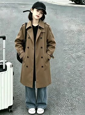 女童双排扣收腰中长款风衣外套潮