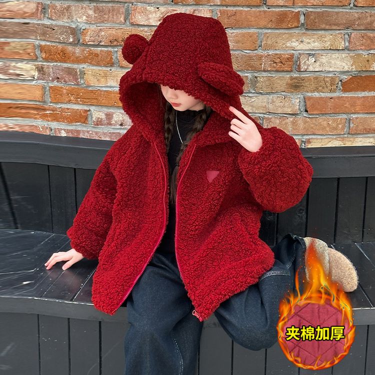 女童毛毛衣外套夹棉加厚冬装连帽2025新款中大童上衣洋气年货棉衣