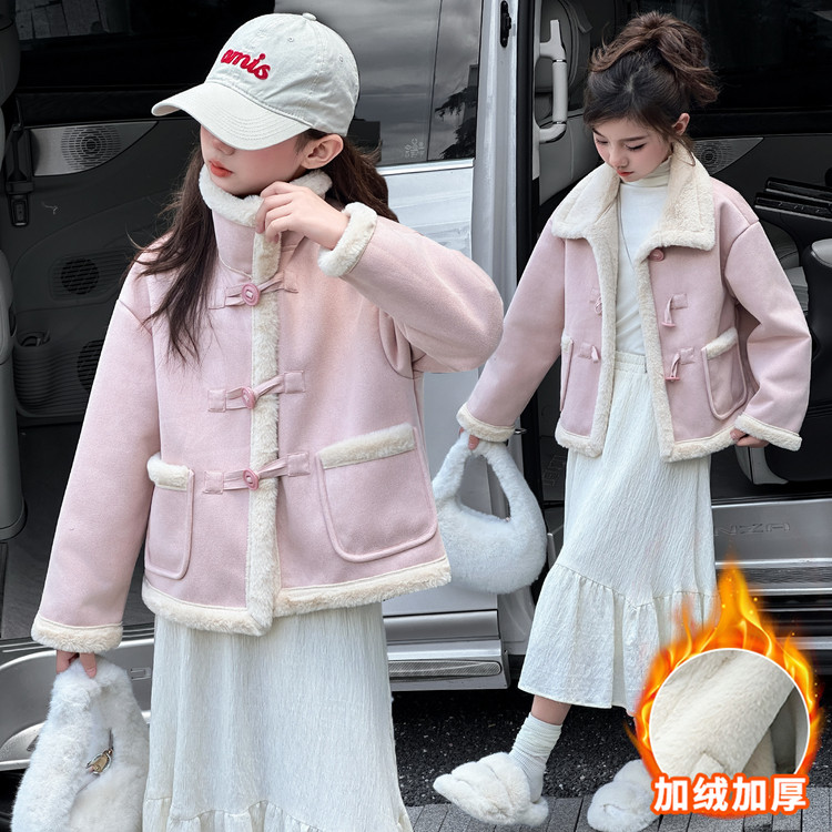 女童皮毛一体大衣短款外套加绒潮