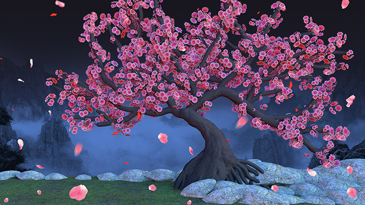桃花树老树花瓣夜景风景山云雾高清LED大屏幕舞台背景虚拟静态图