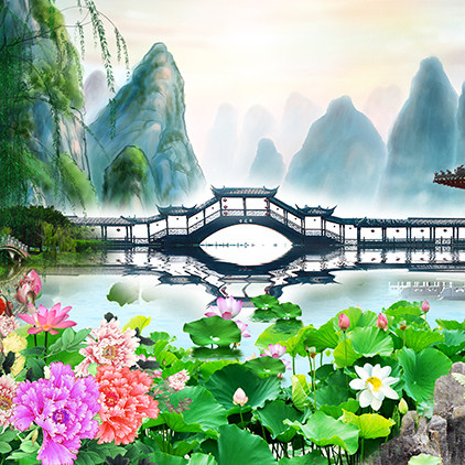 高清led大屏幕舞台背景中国戏剧戏剧风景花园山水荷花亭子图片