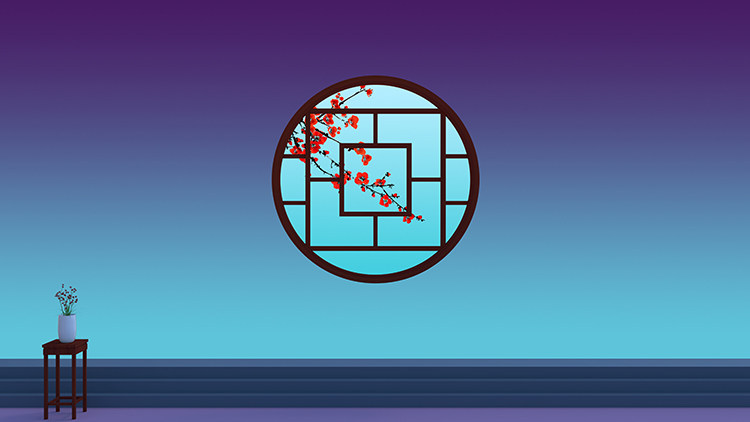 戏曲中式中中国风圆木窗户盆栽清新唯美高清led大屏幕舞台背景图