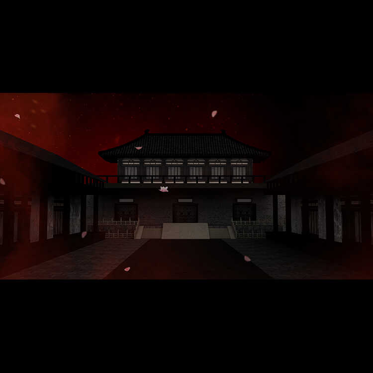 昏暗古风建筑城楼街道花瓣夜晚高清LED大屏幕舞台背景虚拟静态图