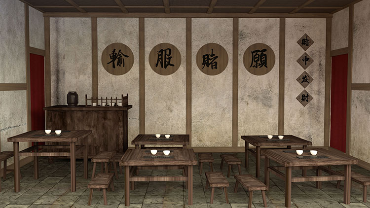 民国时期赌坊室内房间桌椅做旧高清led大屏幕舞台背景虚拟静态图