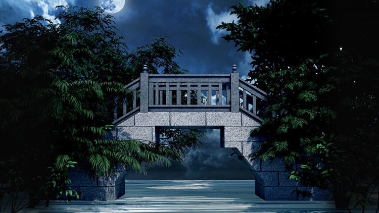 夜色夜晚小桥树树林石桥风景高清led大屏幕舞台背景虚拟静态图片