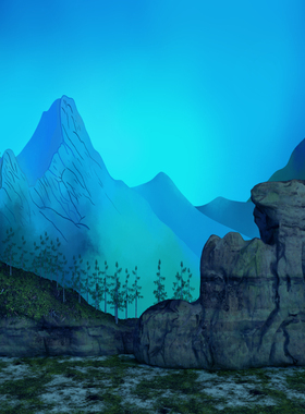 夜晚暮色蓝色夜景石头远山手绘高清LED大屏幕舞台背景虚拟静态图