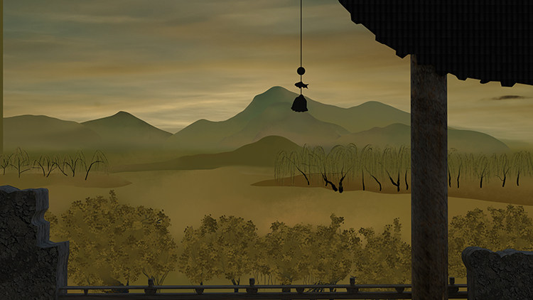 水墨山水柳树破庙铃铛树栏杆高清led大屏幕舞台背景虚拟静态图片