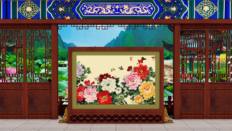 戏曲皇宫花园宫廷屏风牡丹高清led大屏幕舞台背景虚拟静态图片
