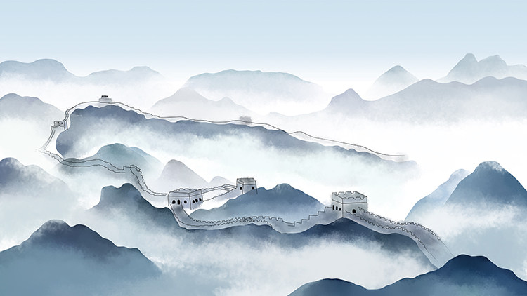 水墨长城江山唯美仙境手绘原画高清led大屏幕舞台背景虚拟静态图
