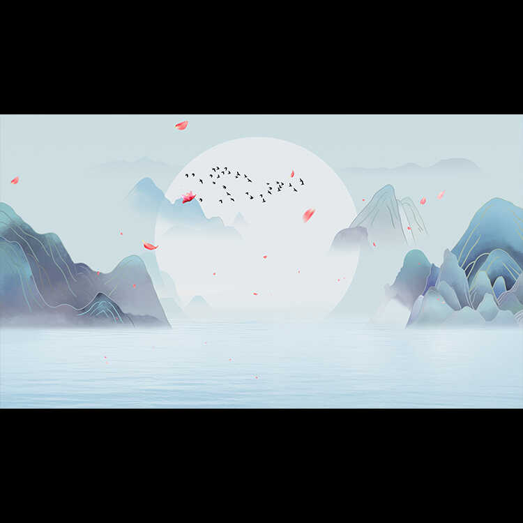 水墨山水月色花瓣小鸟简约淡雅插画绘画图层手绘原画高清大屏幕图