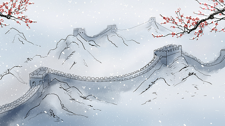 手绘长城梅花插唯美江山插画绘画图层手绘原画高清led大屏幕图片