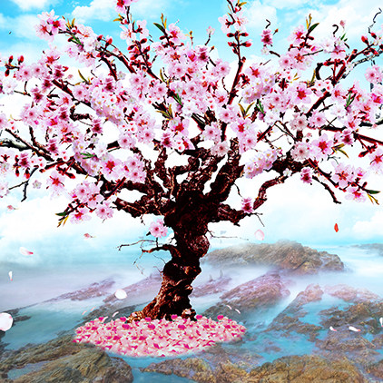 高清led大屏幕舞台背景蓝天白云桃花树大树唯美蓝色仙境静态图片