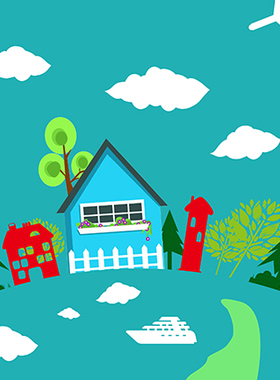 高清LED大屏幕舞台背景蓝色海洋地球房子白云树木轮船飞机吊饰